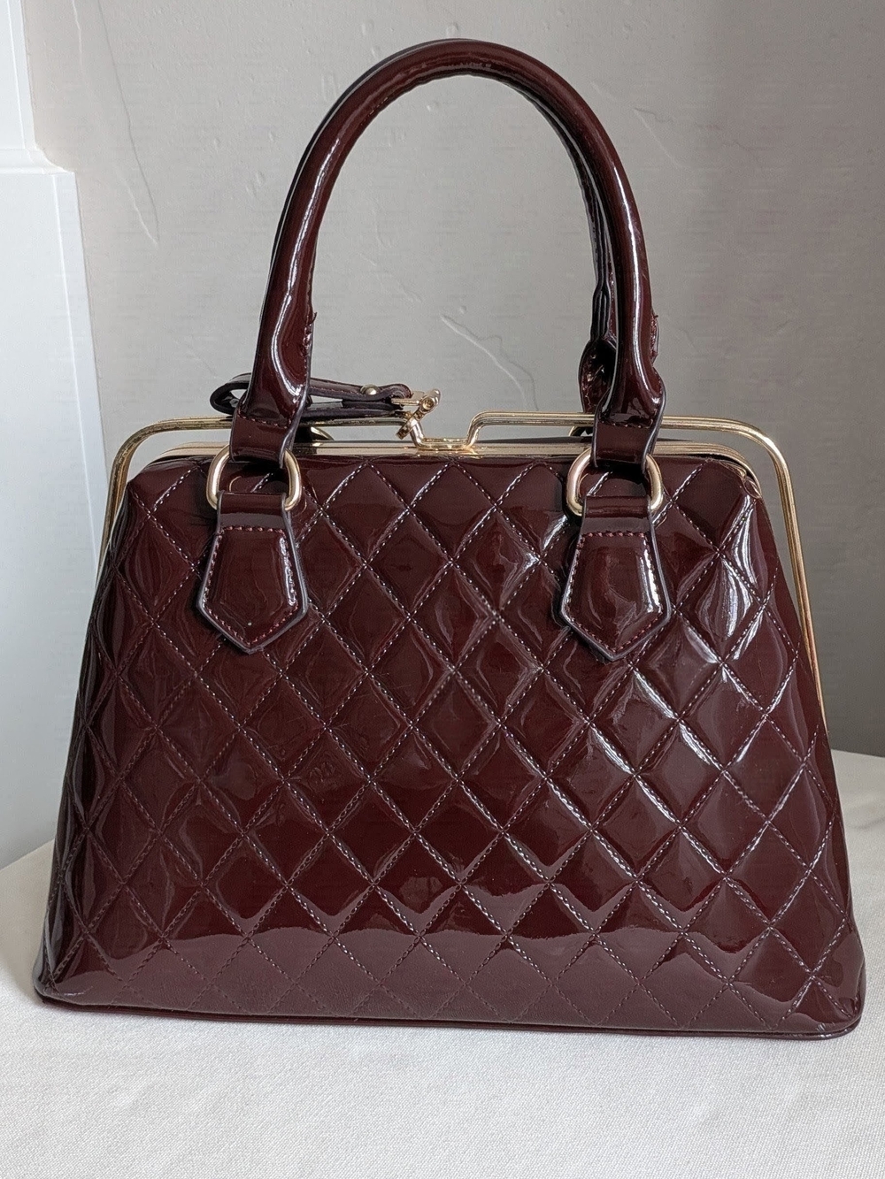 Quilted Patent Leather Top-Handle Satchel in Deep Burgundy